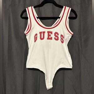 NEW GUESS White and Red Tank Thong Bodysuit Women’s Size Large Button Closure